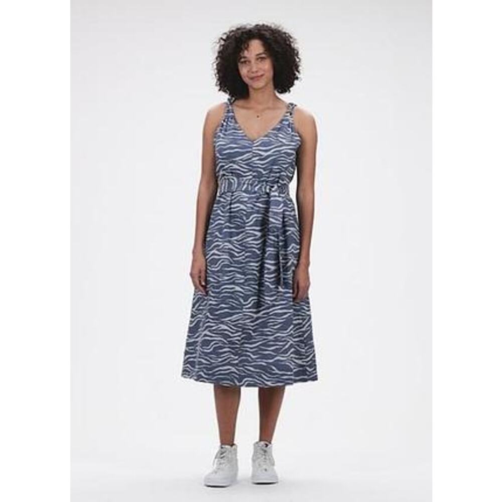 NWT GAP Belted Zebra Print Linen Blend Midi Dress in Blue/White Size Small